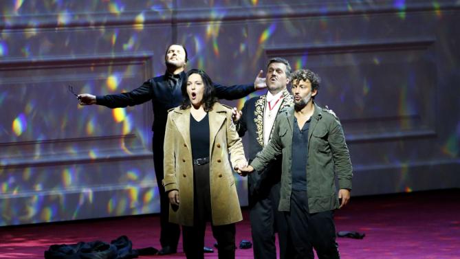 Pieczonka, Konieczny, Kaufmann and Holecek perform on stage during a dress rehearsal of Beethoven's opera "Fidelio" in Salzburg